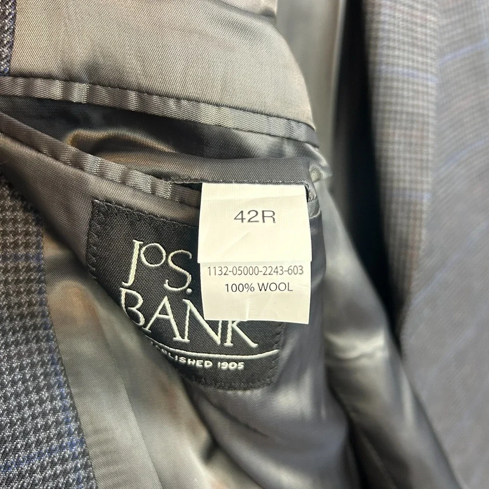 Jos A Bank 100% Wool 42R‎ Houndstooth Grey Blue Blazer Sport Coat Suit Jacket 2B